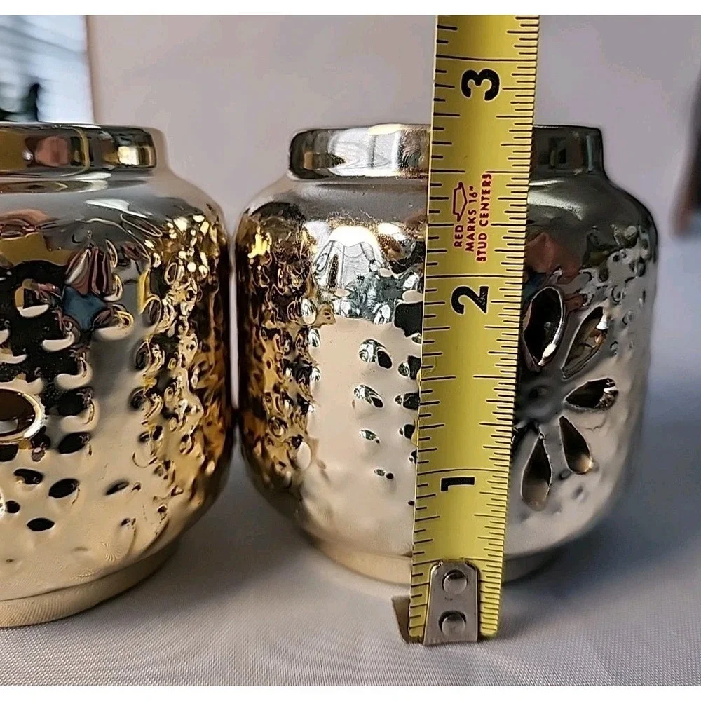 Lot 4 Votive/Tea Light Holders Hammered Gold Cut Out 2pc & Heavy Round Glass 2pc